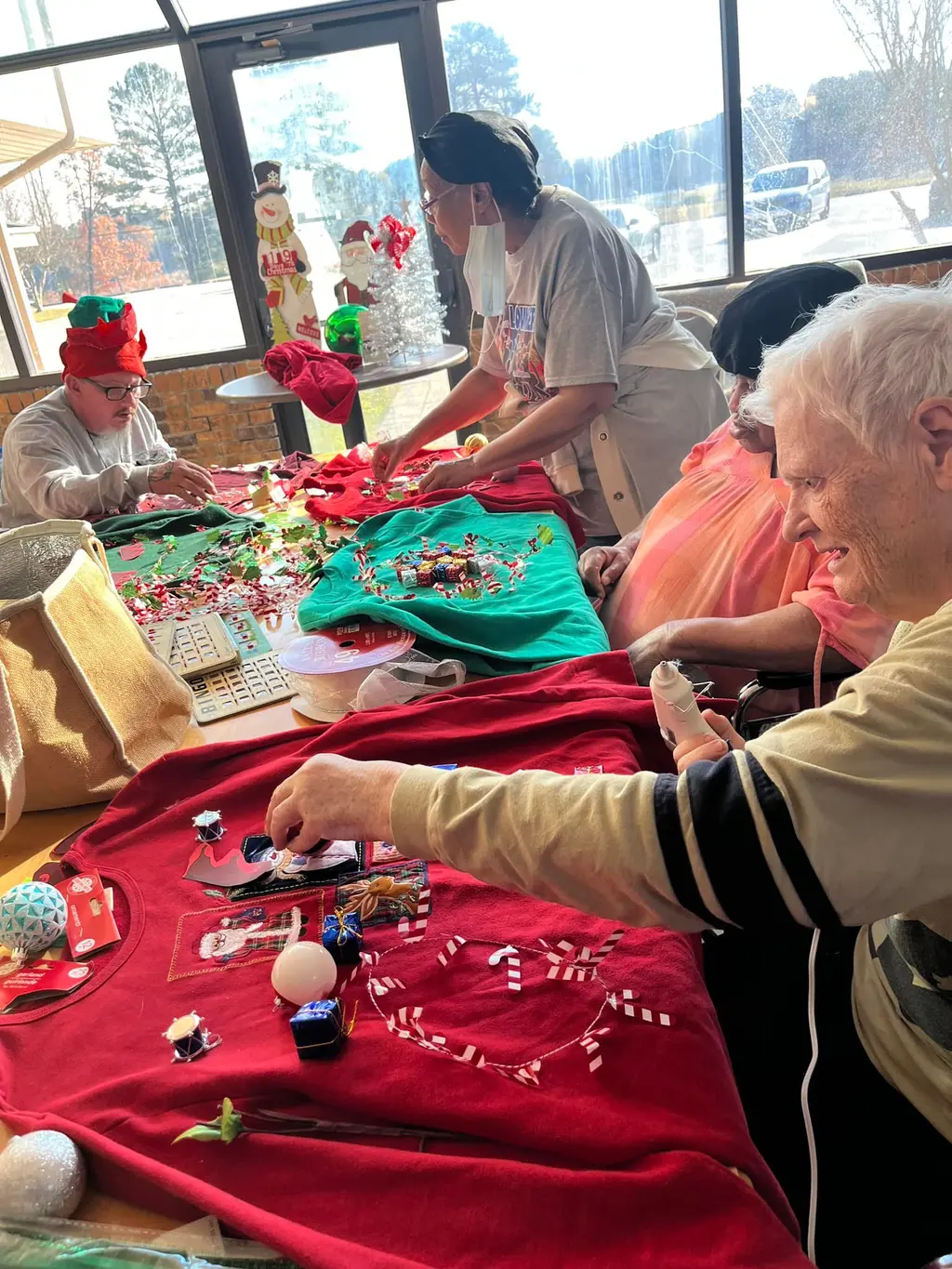 Residents making Christmas decorations, Claiborne Rehabilitation, Nursing Home in Homer, LA